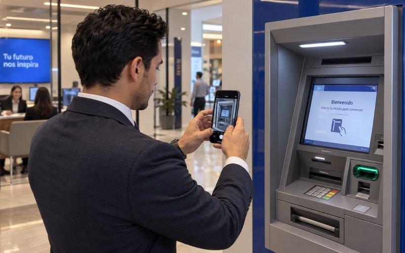 Ejecutivo bancario tomando foto de evidencia al ATM