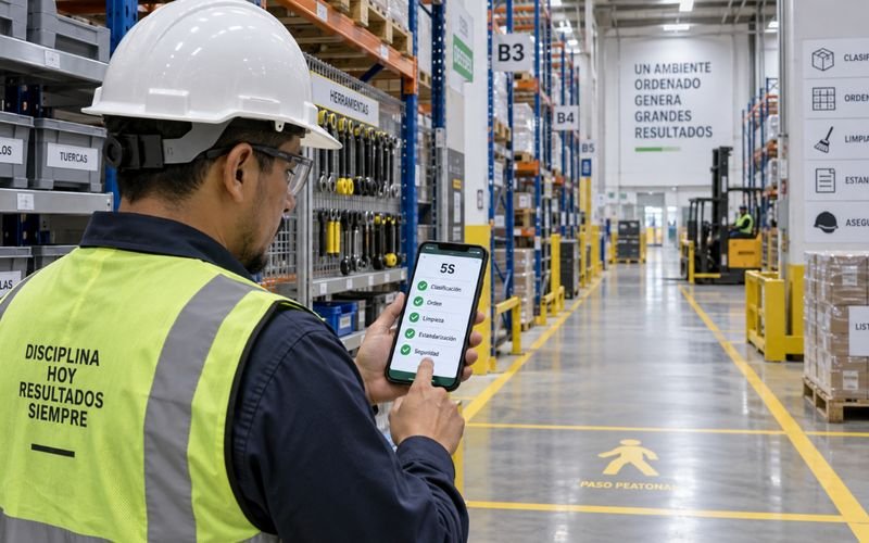 Operario de bodega completando la auditoría 5S en el celular