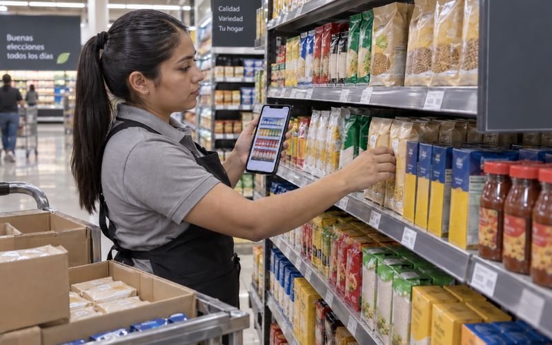 Colocadora revisando el planograma en el celular mientras acomoda la góndola