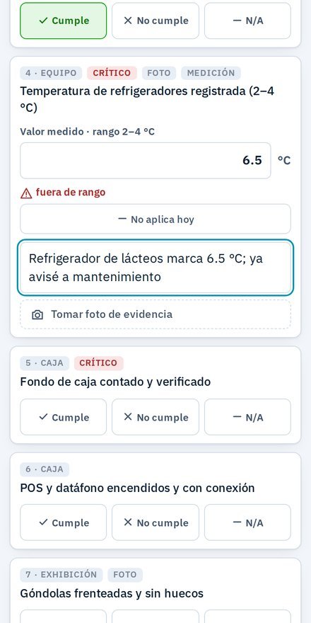 Checklist en el celular con una temperatura fuera de rango