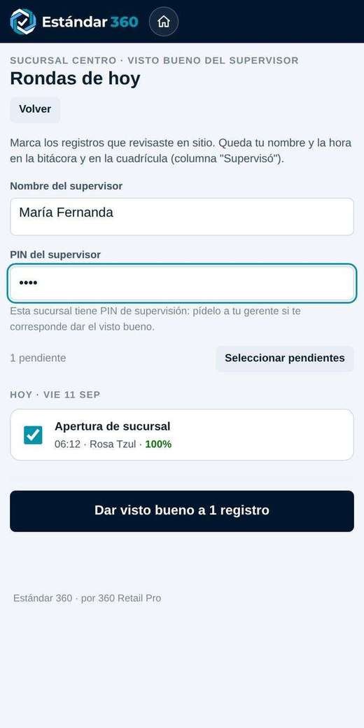 Visto bueno del supervisor en el celular con campo de PIN