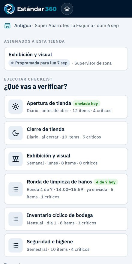 Link de tienda en el celular: checklists del día, rondas y asignaciones