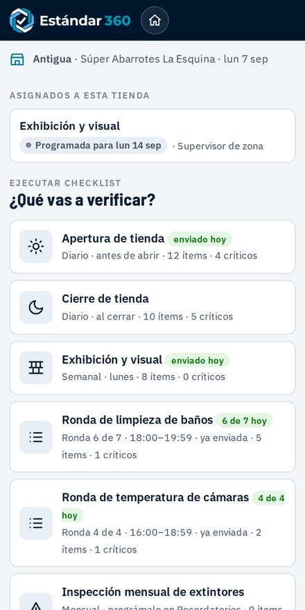 Link de tienda en el celular: checklists del día, rondas y asignaciones